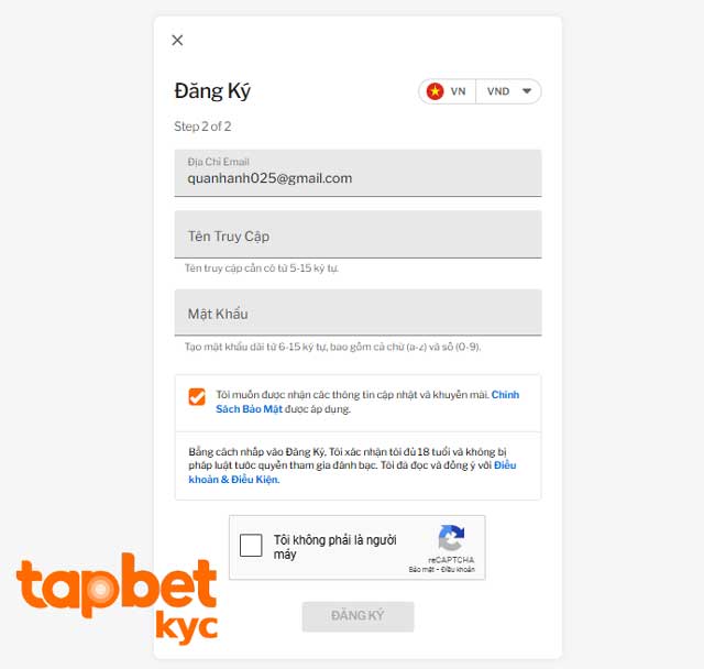 Điền đầy đủ thông tin vào form TAPTAP đăng ký
