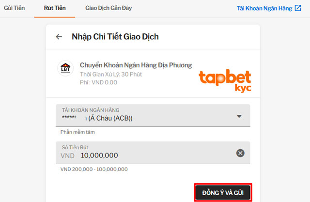 Thực hiện rút tiền TAPTAP về tài khoản ngân hàng